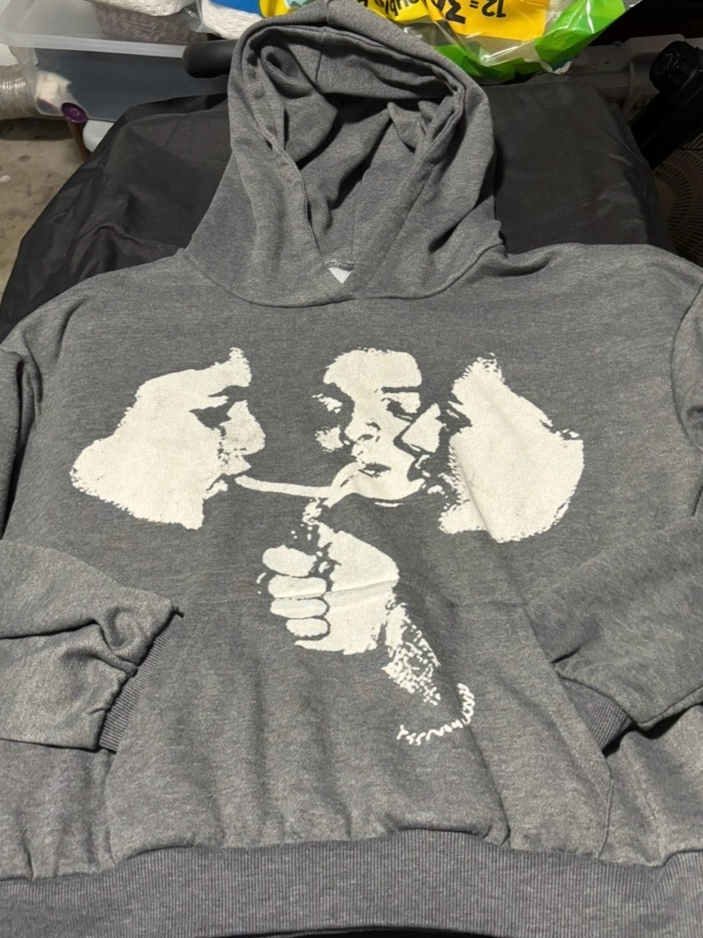 SHEIN Gray Hooded Sweatshirt with White Graphic Faces